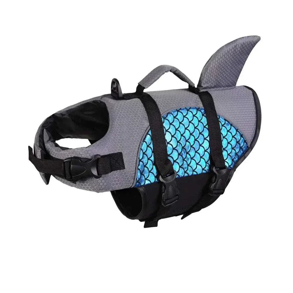 Shark dog life jacket swim vest with buoyant foam, adjustable straps, reflective strips, and shark fin design for pet water safety