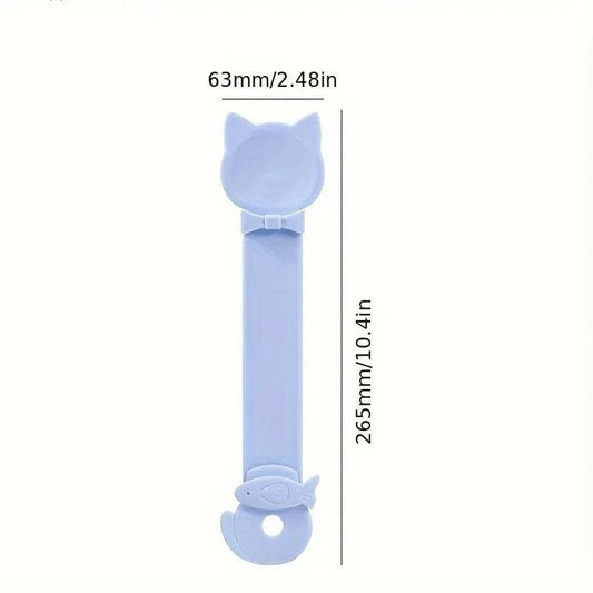 Cat Strip Spoon Feeder in pastel blue, 27 cm long with cat head and fish design for safe, mess-free pet feeding