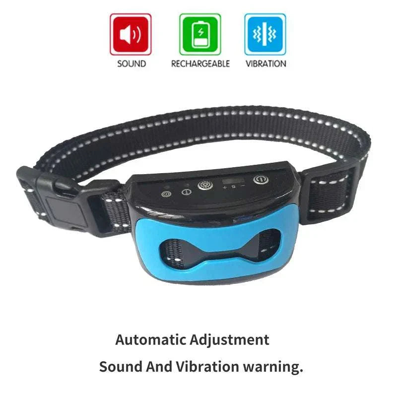 Smart Ultrasonic Anti Bark Collar with rechargeable battery, waterproof design, sound and vibration warnings, adjustable fit for dogs