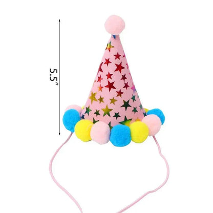 Birthday hat for dogs and cats with colorful stars and pom-poms.