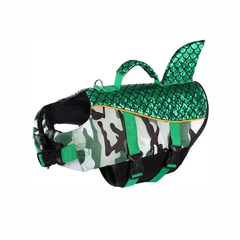 Shark-style dog life jacket swim vest with buoyant foam, camouflage design, reflective strips, adjustable straps, and top handle for safety.