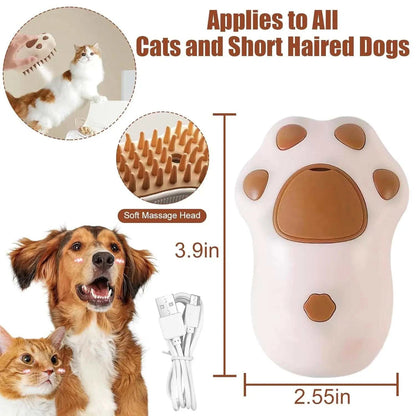 3in1 Cute Pet Paw Steam Brush for Grooming Cats and Dogs, showcasing soft silicone teeth and USB charge cable, ideal for shedding and massaging.