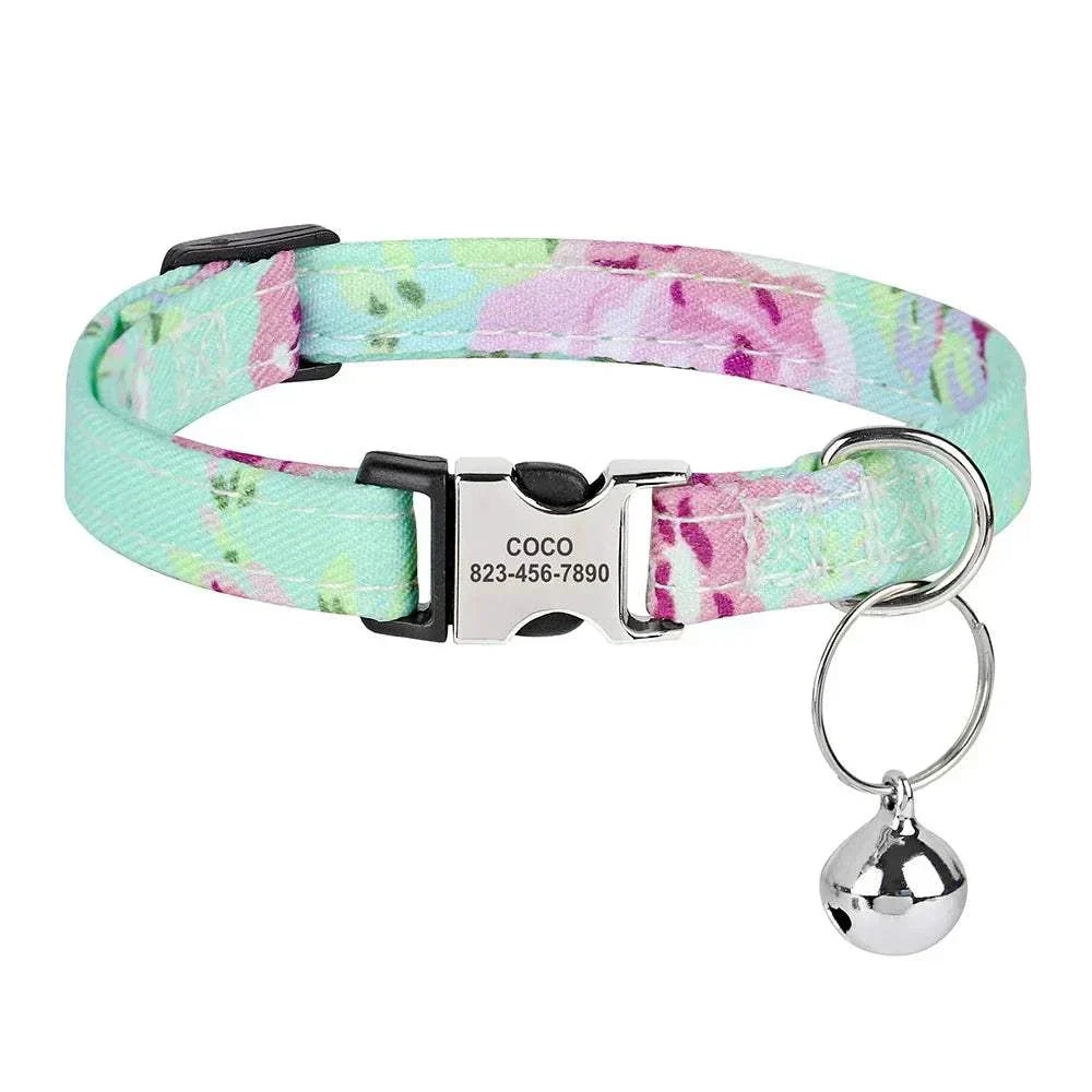 Personalised adjustable cat collar with floral design, custom ID nameplate, and bell.