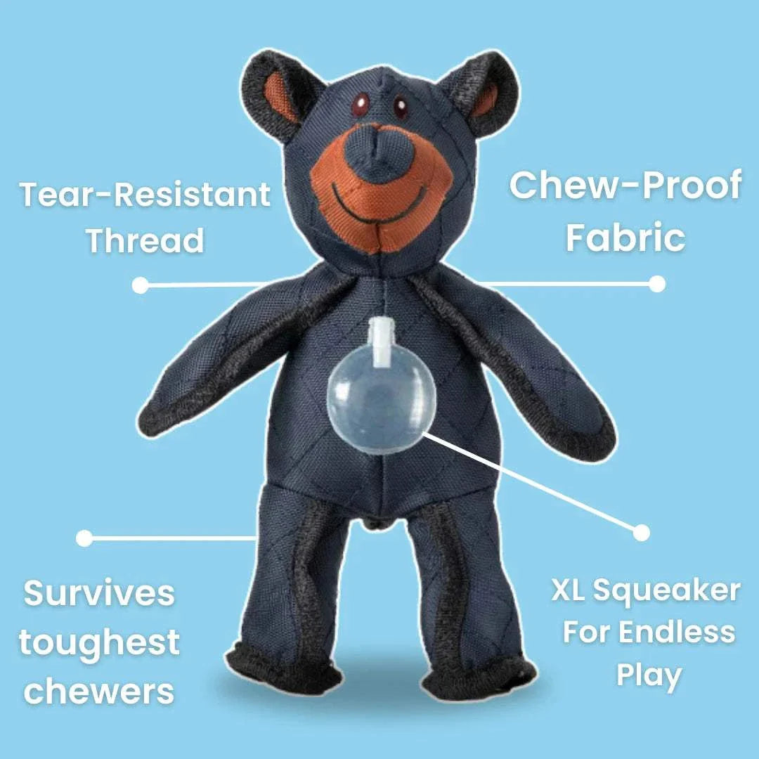 Bite resistant bear toy with squeaker for dogs and puppies, featuring chew-proof fabric and tear-resistant thread.