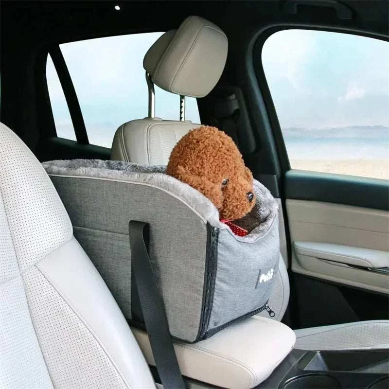 Pet Secure Portable Car Safety Pet Seat for Small Dogs and Cats in grey fabric installed in a car passenger seat.