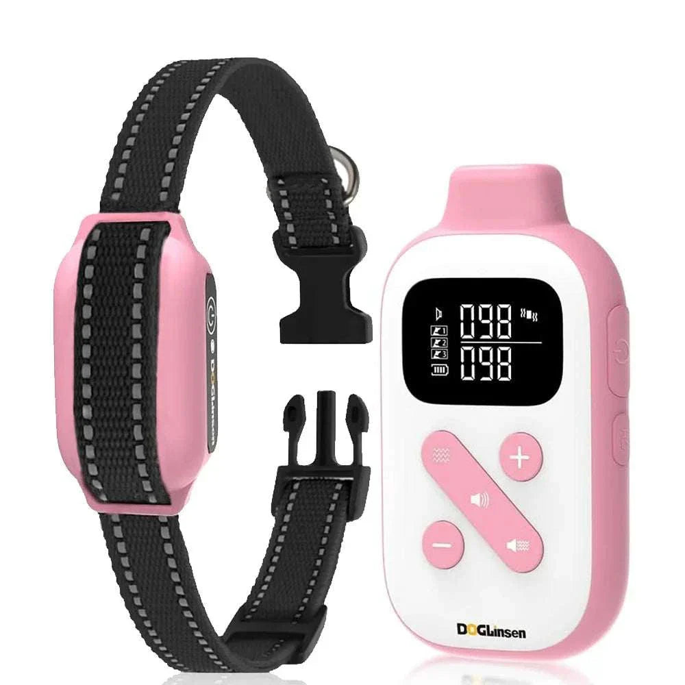 No Shock Dog Training Collar with remote, pink and black design, featuring beep and vibration modes, waterproof and rechargeable.