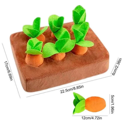 Carrot plush dog toy with snuffle mat for interactive hide and seek play.