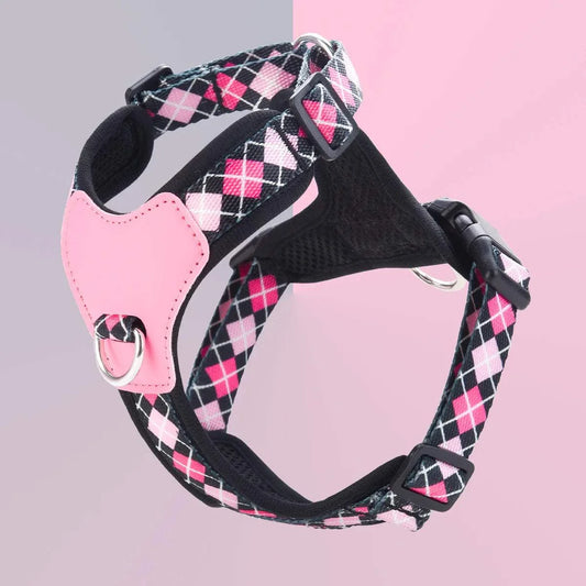 Adjustable pink and black printed ribbon dog harness with breathable fabric and sturdy buckles for small to medium dogs
