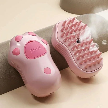 3in1 Cute Pet Paw Steam Brush for grooming cats and dogs with silicone teeth, USB charge.