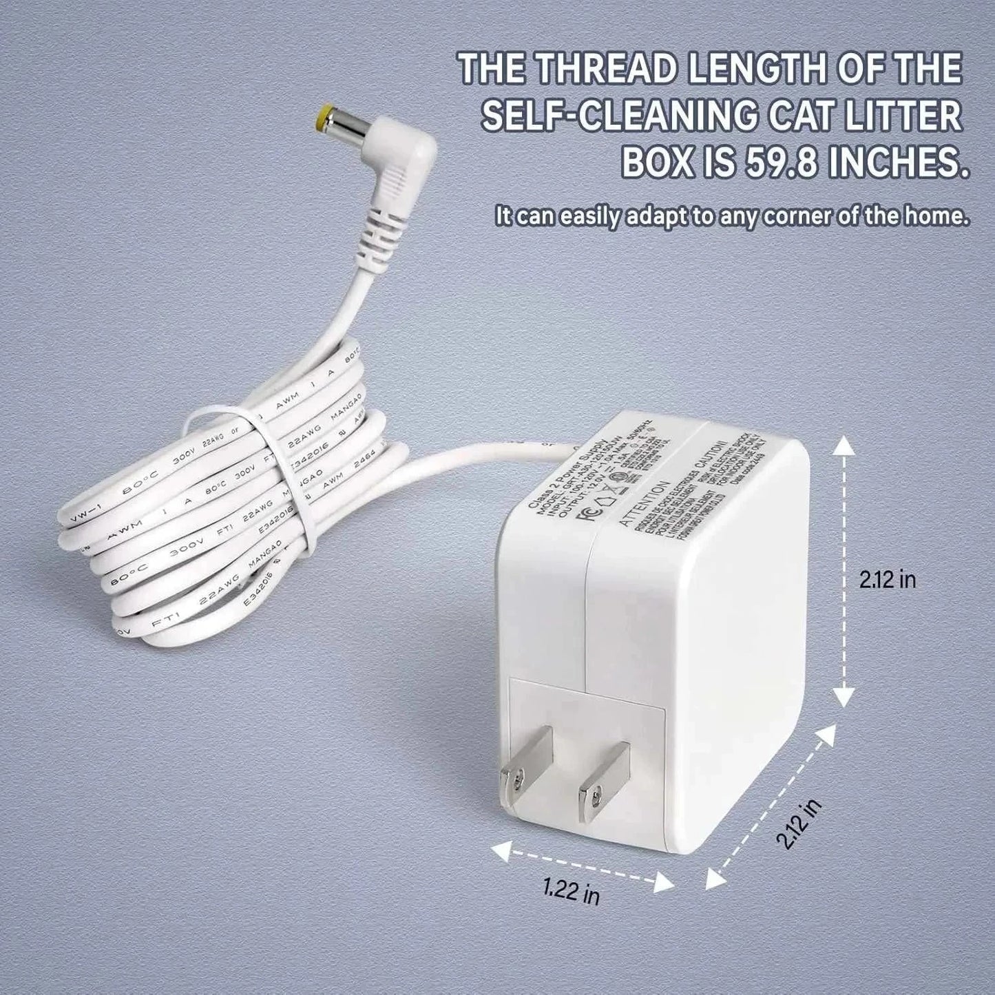 Tonepie Smart Cats Litter Box replacement power adapter with 59.8-inch cord for self-cleaning cat litter box