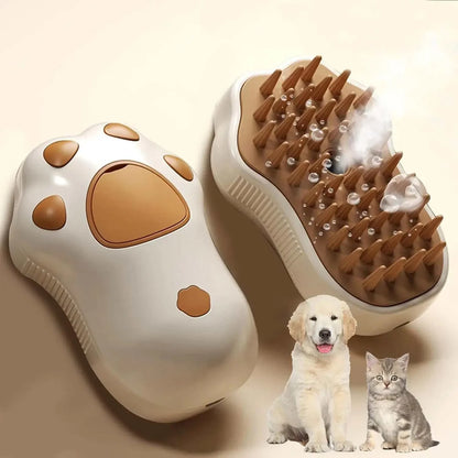 3in1 cute pet paw steam brush for grooming cats and dogs, featuring soft silicone teeth and steamy spray, ideal for combing, massaging, and bathing pets.