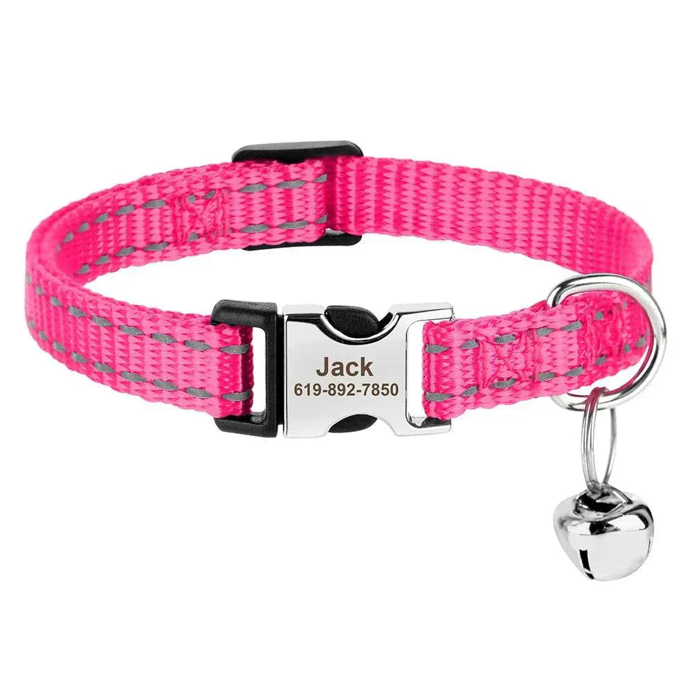 Personalised adjustable cat collar with custom ID nameplate and bell for cats and small dogs.