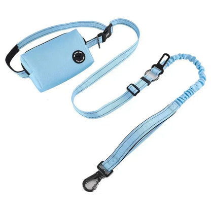 Light blue reflective dog bungee leash with waist belt, storage bag, and poop bag dispenser for hands-free use and safety during walks or runs.