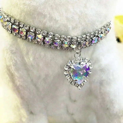 Pretty Kitty's Heart Pendant Diamante Collar Necklace for pets in silver with zircon detailing.