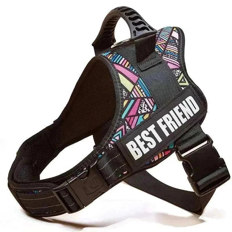 Personalised No-Pull Reflective Dog Harness vest with vibrant patterned design and adjustable straps for secure, comfortable fit