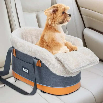 Center Console Car Seat Pet Travel Bag for Dogs and Cats on car seat.