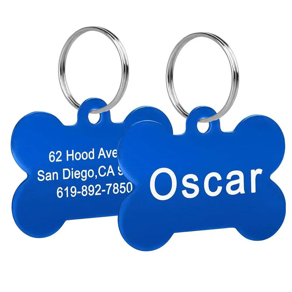 blue bone-shaped pet ID tag personalized with name Oscar and contact information keychain