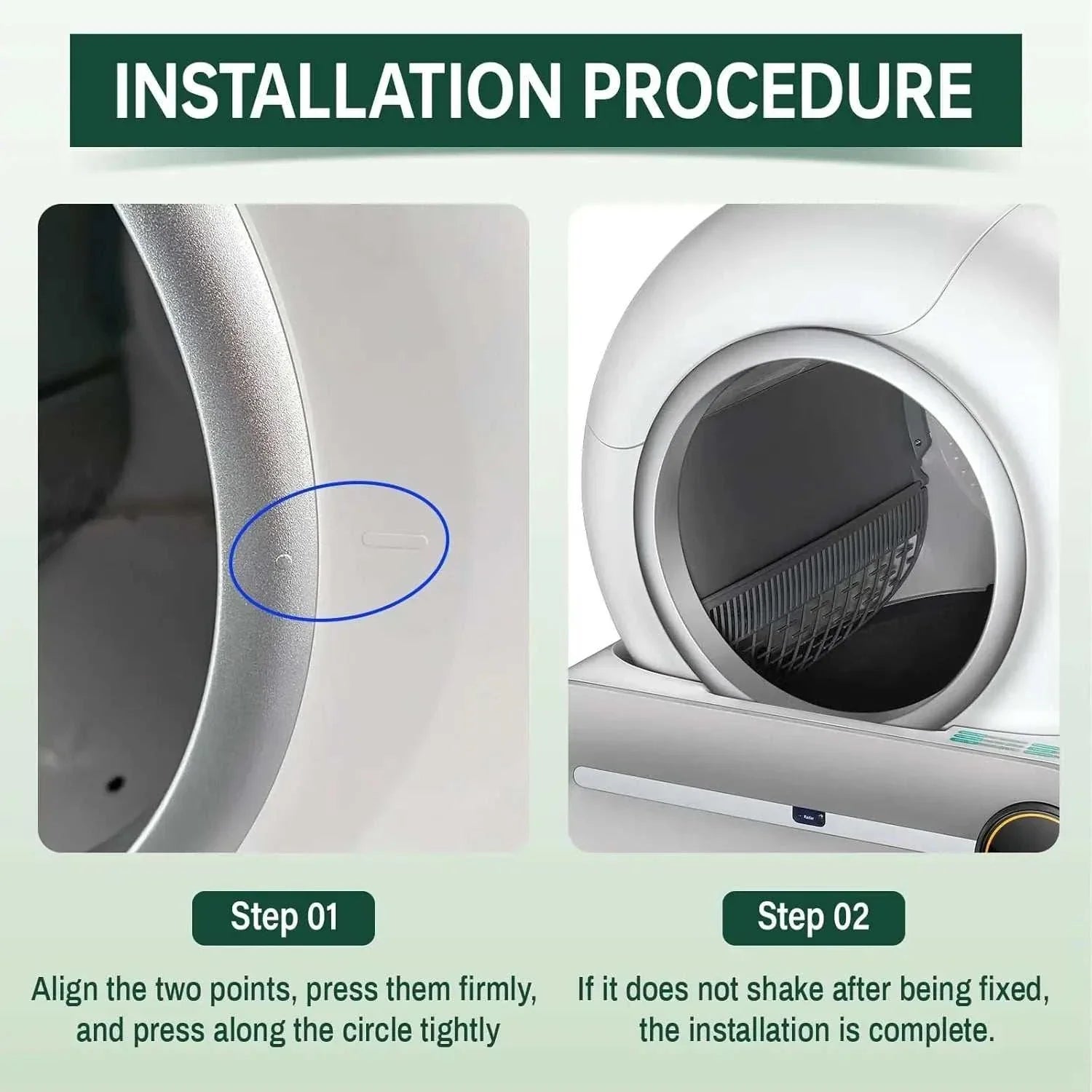 Tonepie Smart Cats Litter Box replacement parts installation close-up detail showing alignment and fixing steps