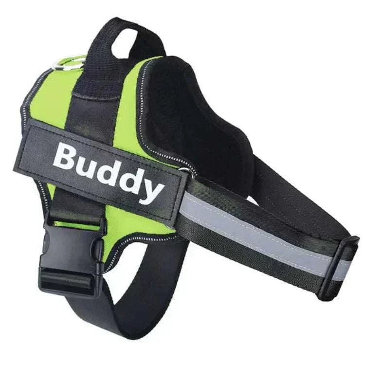 No-pull reflective dog harness with adjustable straps and custom ID patch.