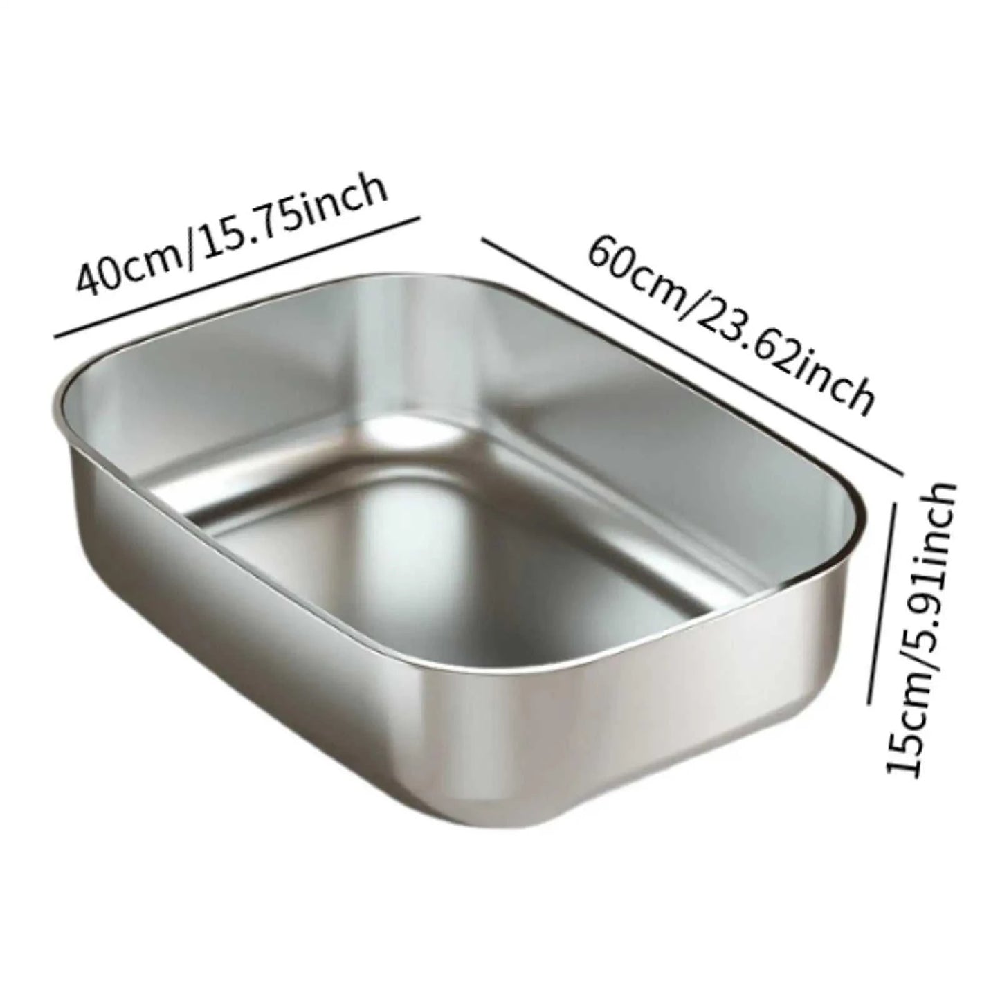 Stainless steel cat litter box with dimensions 60cm x 40cm x 15cm, easy to clean design.