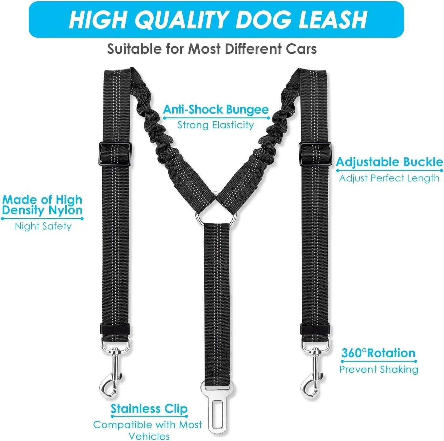 Double Dog Seatbelt Adjustable Vehicle Safety Leash with Elastic Bungee Buffer, Reflective No Tangle Y Shape