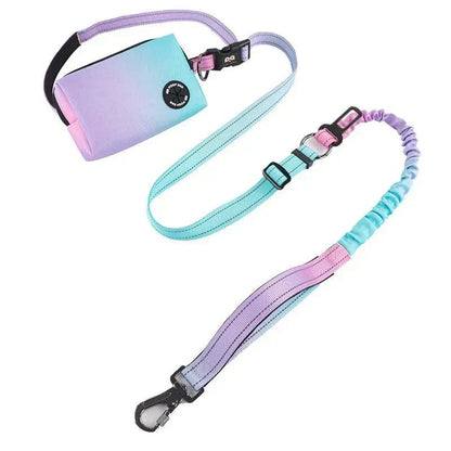 Reflective dog bungee leash with hands-free waist bag and poop dispenser in pastel colors for active dog walking.
