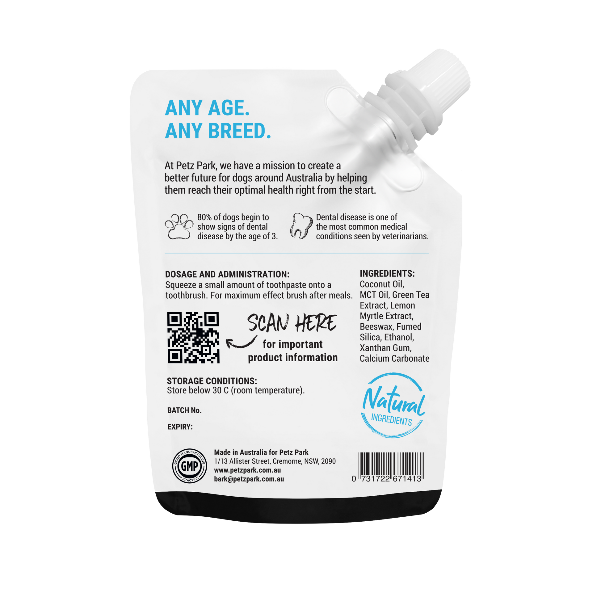 PetzPark Toothpaste for Dogs pouch with dosage, ingredients, and natural formula for all breeds and ages.