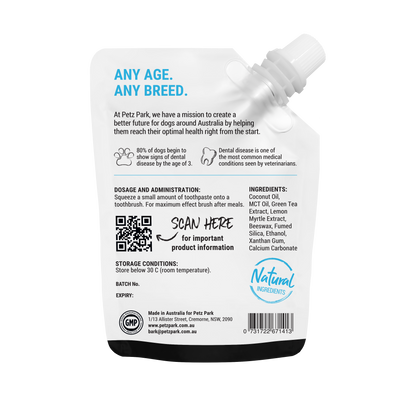 PetzPark Toothpaste for Dogs pouch with dosage, ingredients, and natural formula for all breeds and ages.