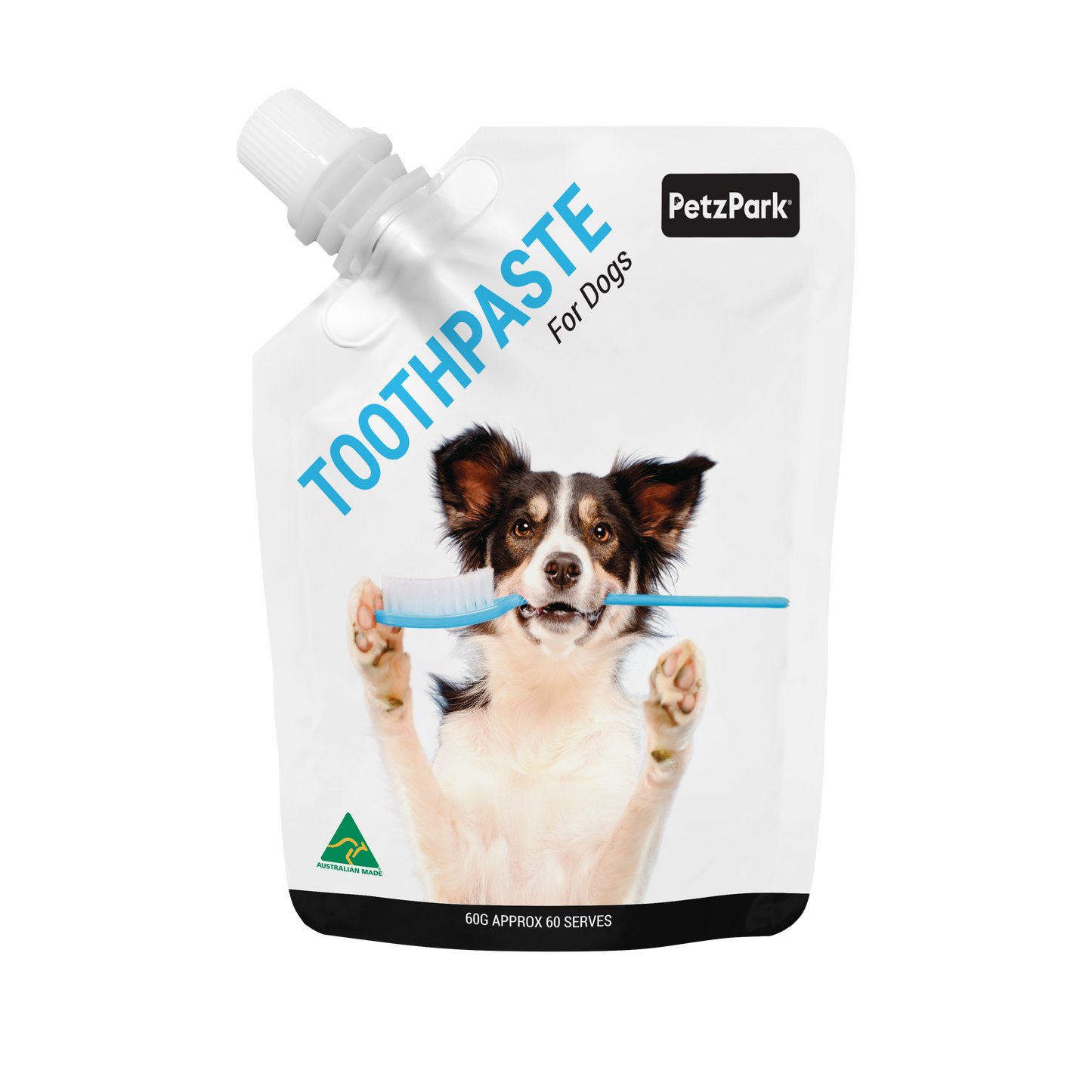 PetzPark Toothpaste for Dogs pouch with a dog holding a toothbrush, designed for plaque, tartar, and bad breath control.