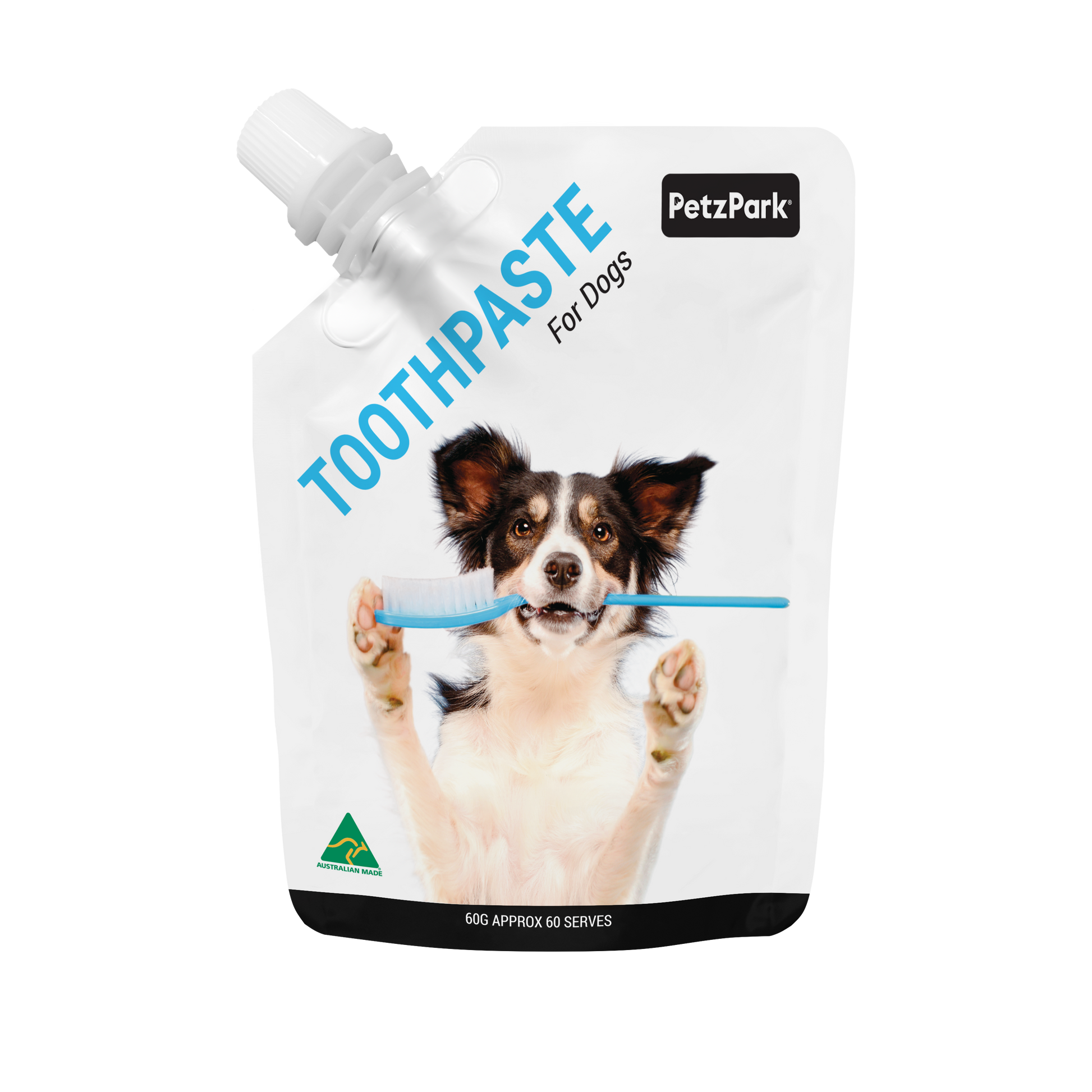 PetzPark Toothpaste for Dogs pouch with a dog holding a toothbrush, designed for plaque, tartar, and bad breath control.