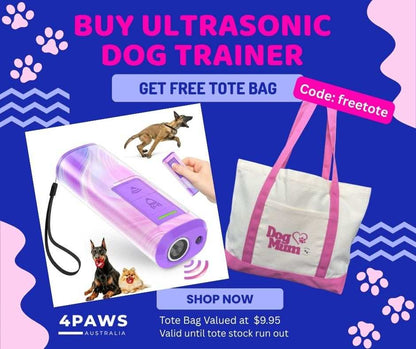 Compact rechargeable ultrasonic dog trainer and repeller with flashlight, free Dog Mum tote bag promotion