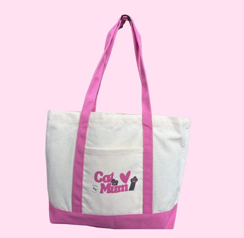 Eco-friendly cotton drill tote bag with pink handles and Cat Mum design, reusable and washable.