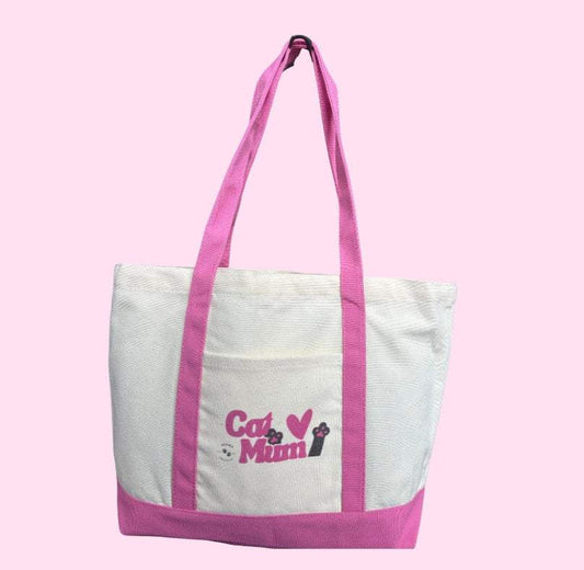 Eco-friendly cotton drill tote bag with pink handles and Cat Mum design, reusable and washable.