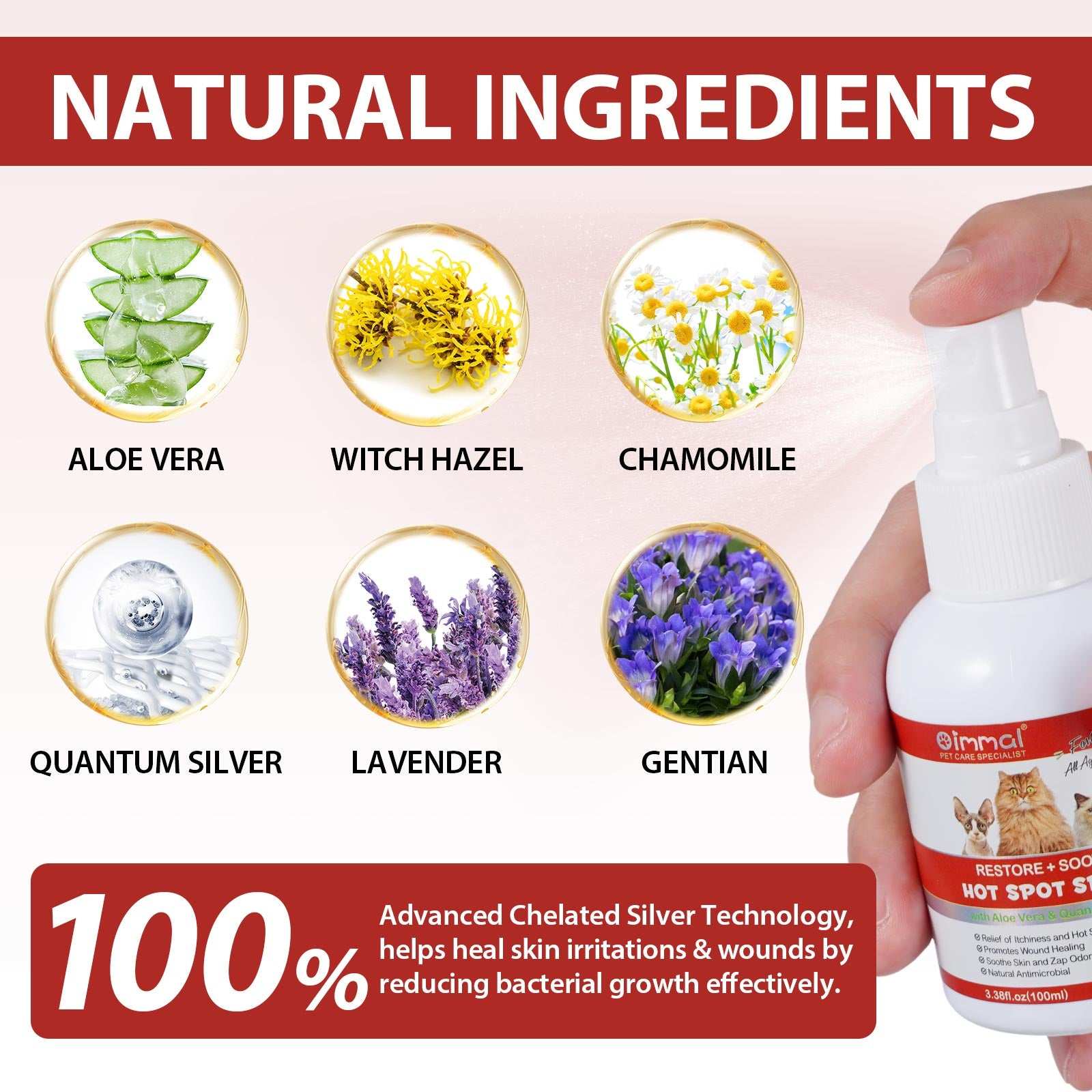 Oimmal Hot Spot Relief Spray for cats with natural ingredients aloe vera, witch hazel, chamomile, quantum silver, lavender, and gentian for soothing and healing skin irritations.