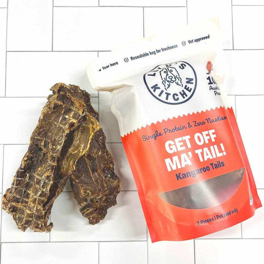 Lulu's Kitchen Get Off Ma' Tail Kangaroo Tails dog treats in package.