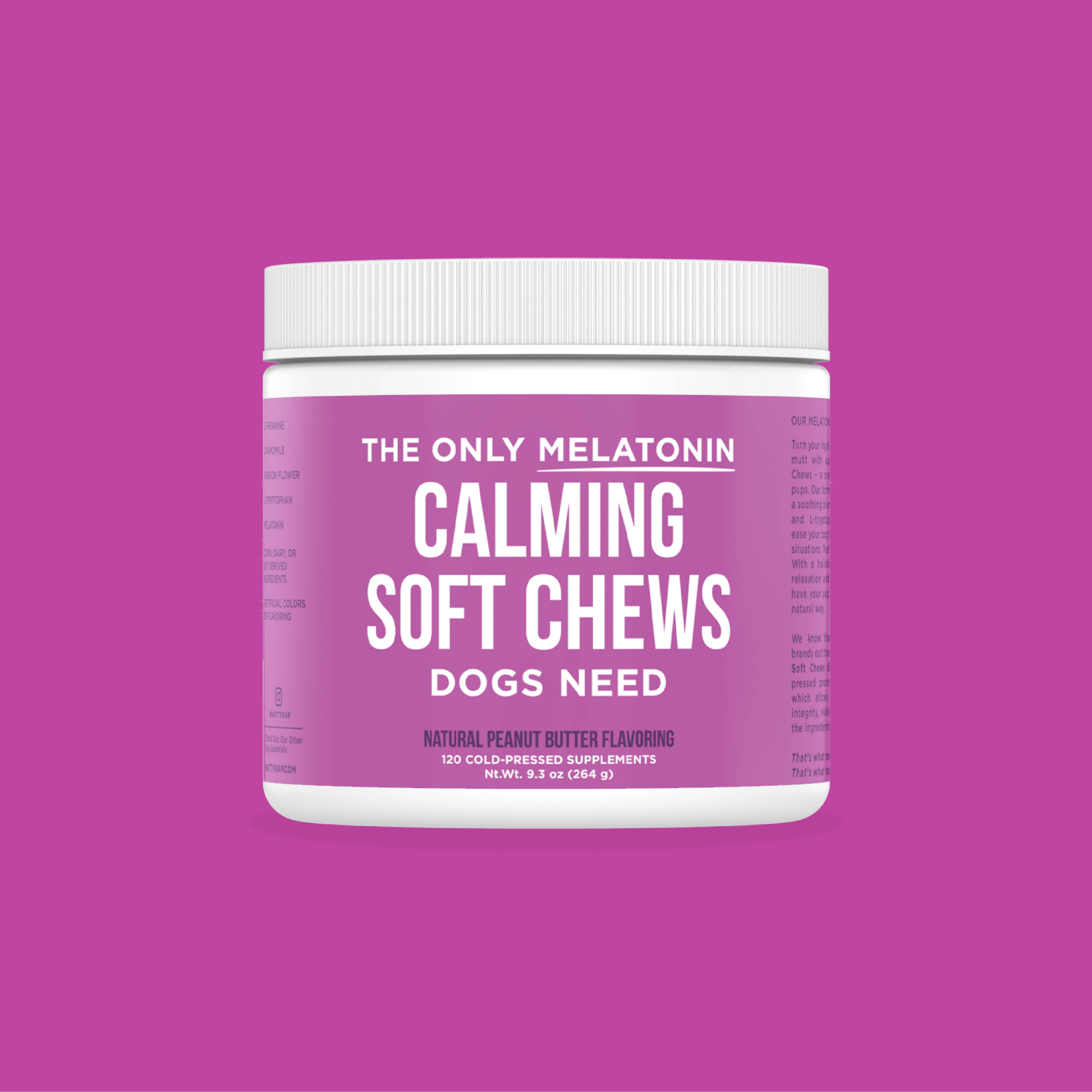 Natural Rapport Melatonin Calming Soft Chews for Dogs peanut butter flavor jar on purple background