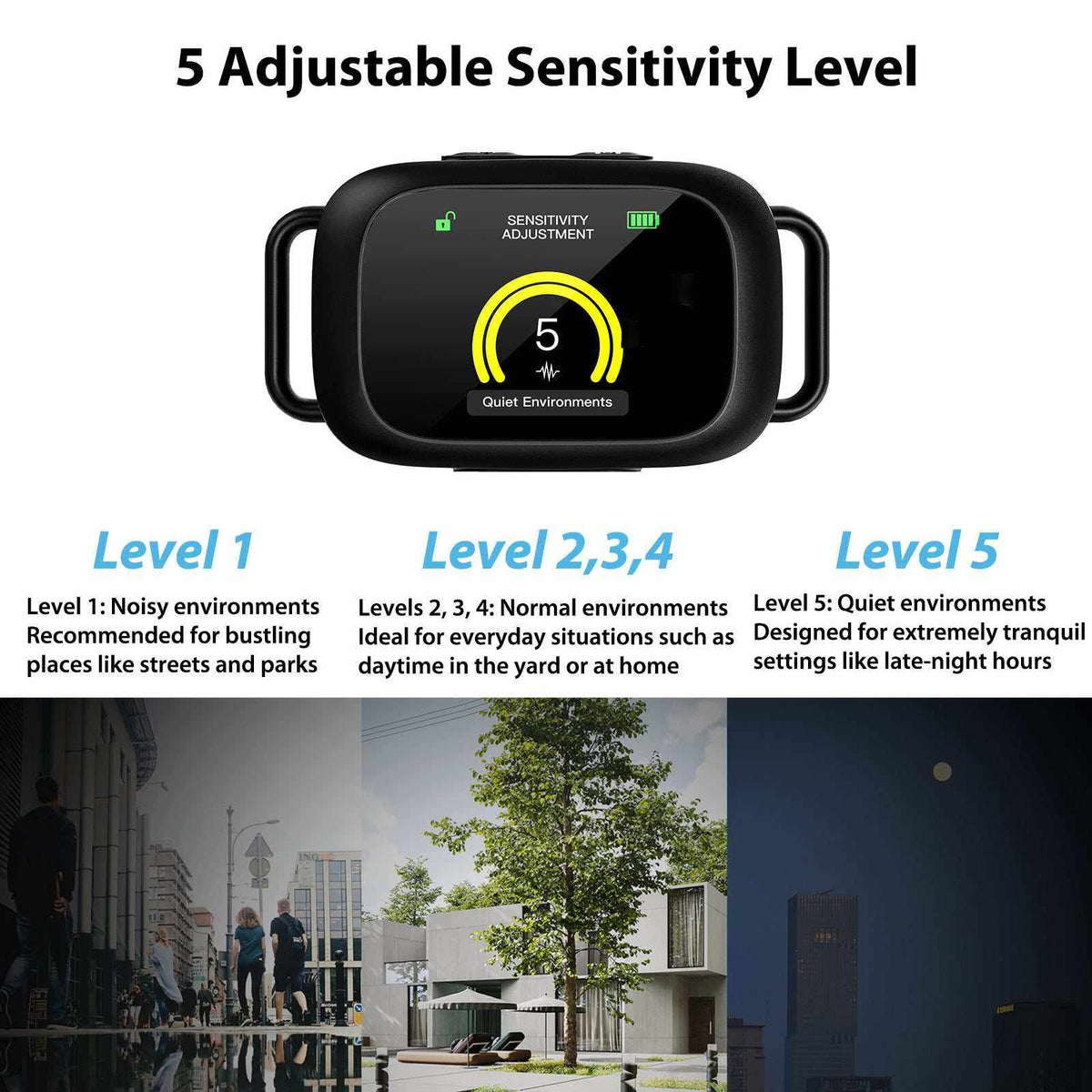automatic bark control collar with glossy black device housing and adjustable sensitivity display showing five levels