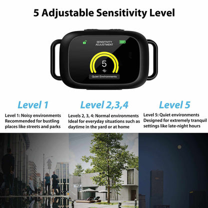 automatic bark control collar with glossy black device housing and adjustable sensitivity display showing five levels