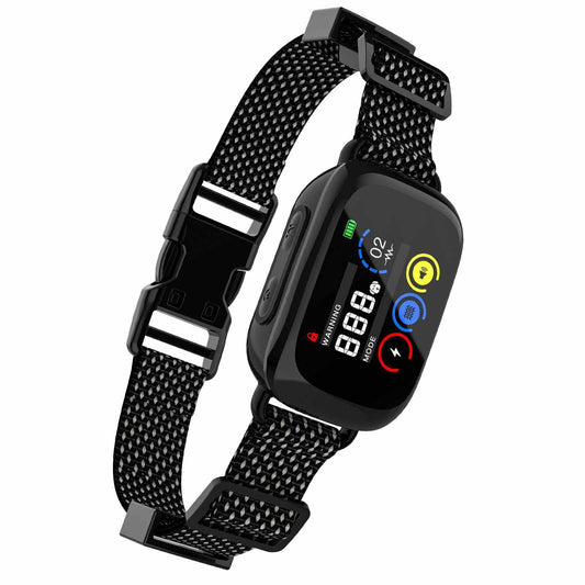 automatic bark control collar with a black adjustable patterned strap and a glossy digital display with coloured mode icons