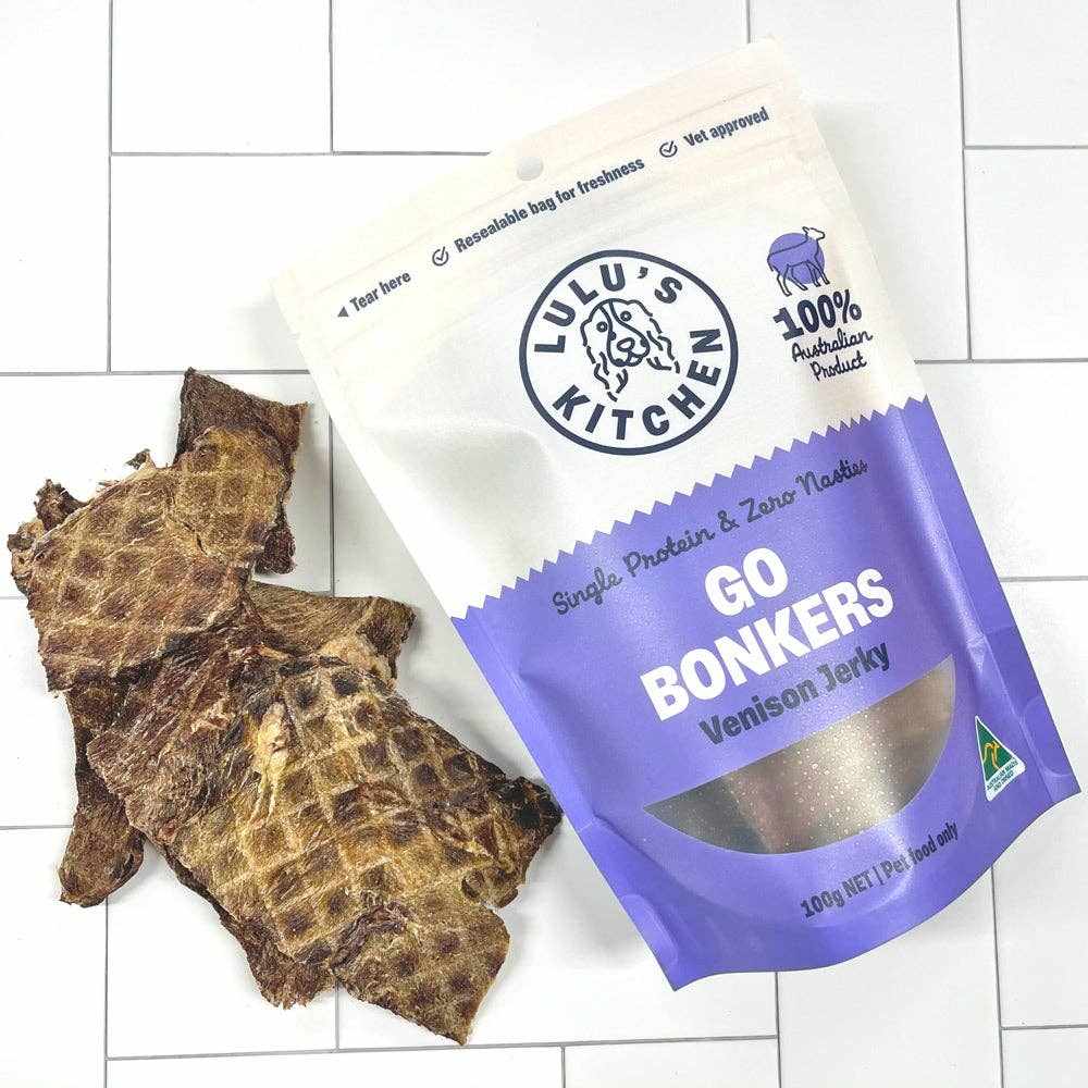 Lulu's Kitchen Go Bonkers Venison Jerky, 100g pack, lean Aussie free-range deer, nutrient-rich.