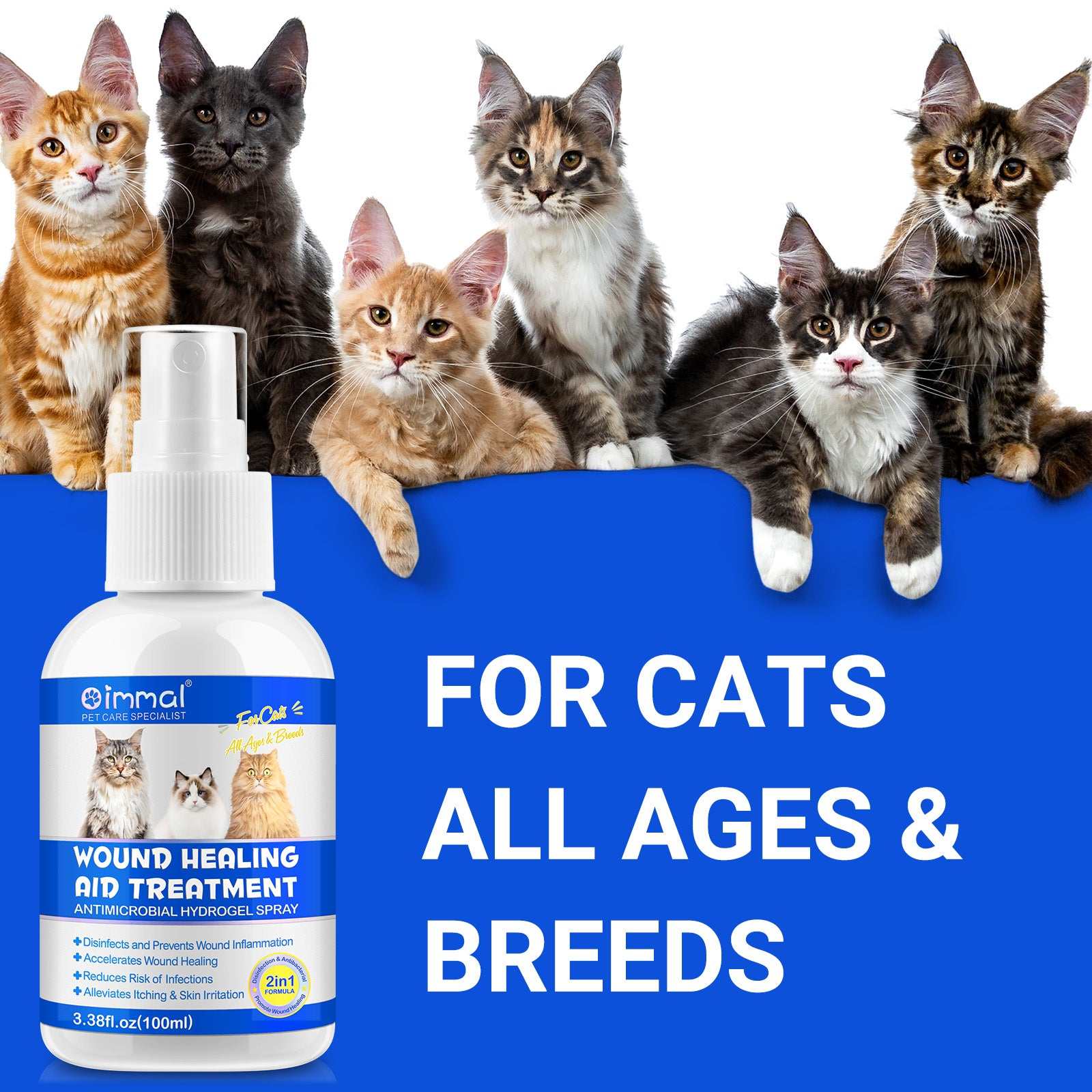 Oimmal cat wound healing aid antimicrobial hydrogel spray with cats of various breeds and ages