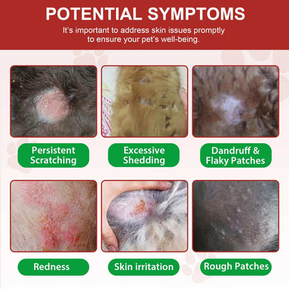 Close-up images of cat skin showing hot spots, redness, irritation, scratching, shedding, dandruff, and rough patches indicating symptoms treated by Oimmal Hot Spot Relief Spray