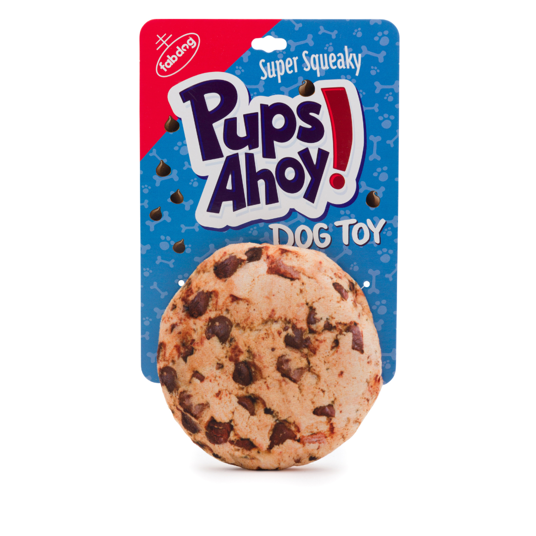 Pup's Ahoy Cookie Dog Toy resembling a chocolate chip cookie in packaging.