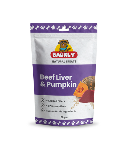 Barkly Beef Liver & Pumpkin dog treats in purple packaging, promotes dental and overall health.