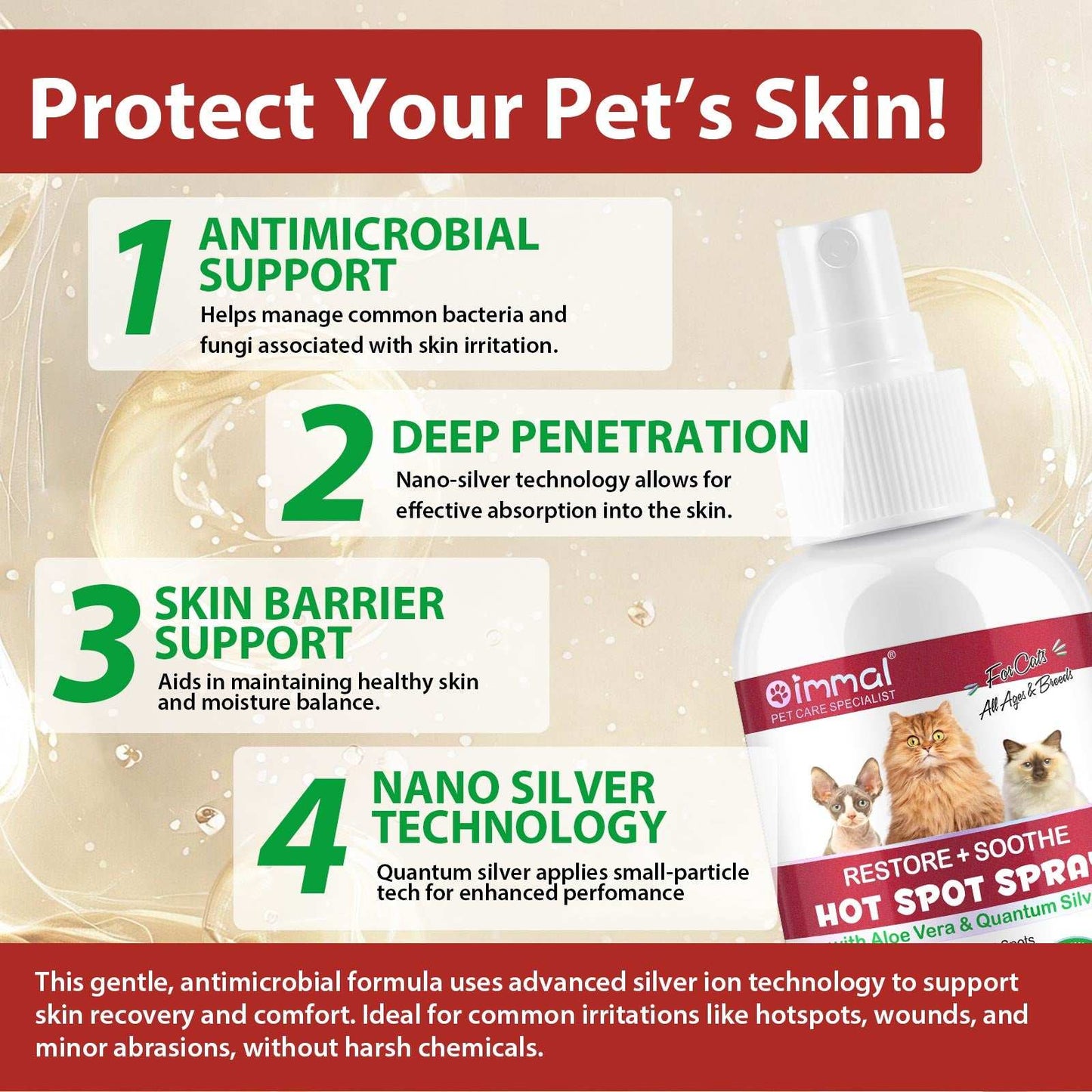Oimmal Hot Spot Relief Spray for Cats with Aloe Vera and Quantum Silver for soothing itchy, irritated feline skin and supporting healing.