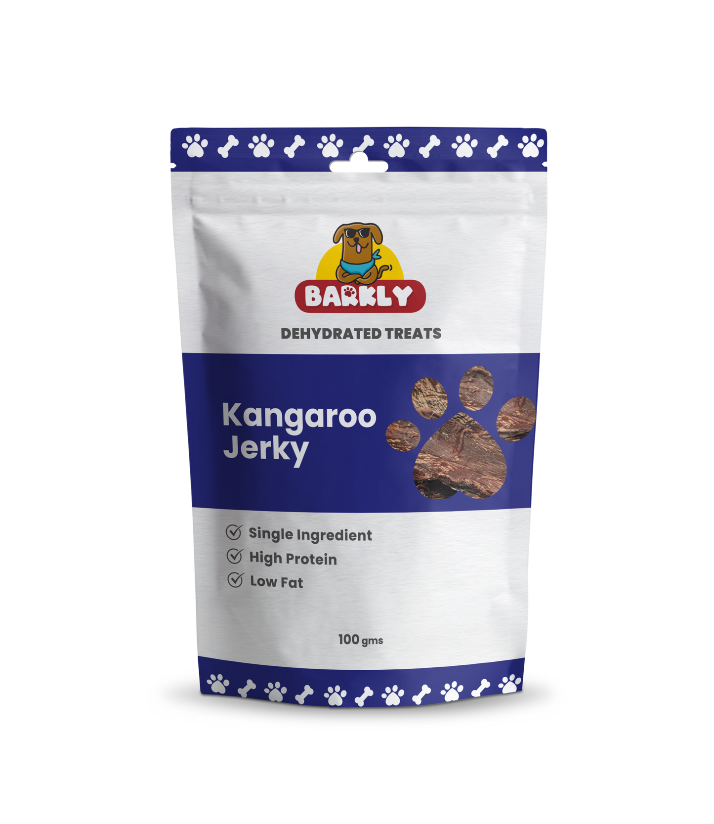 Kangaroo jerky dog treats package featuring Barkly branding.