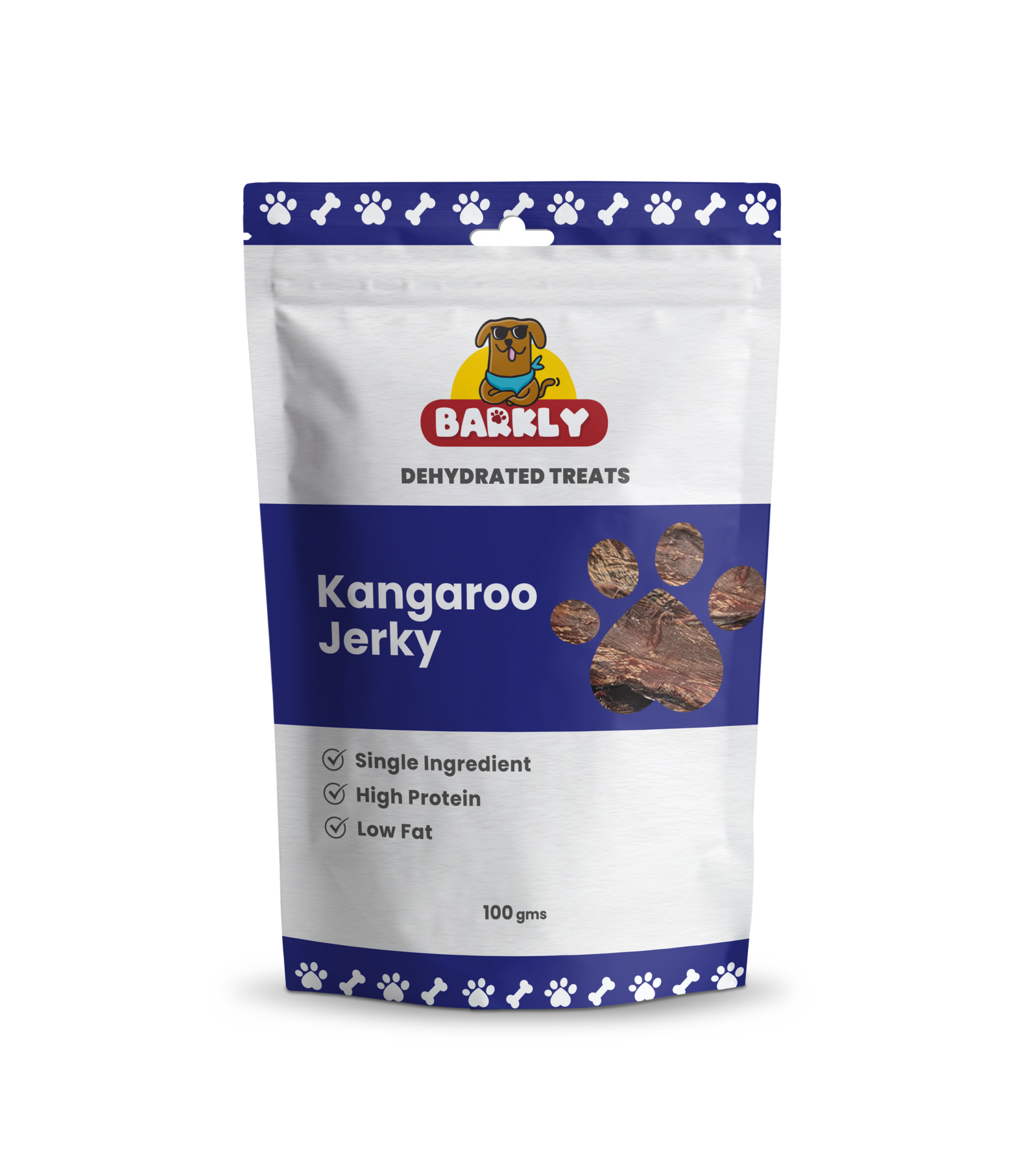 Kangaroo jerky dog treats package featuring Barkly branding.