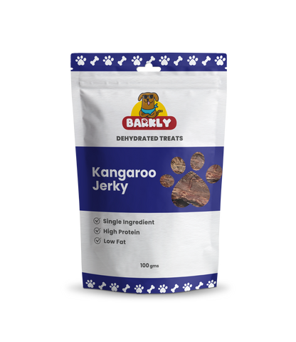 Kangaroo jerky dog treats package featuring Barkly branding.