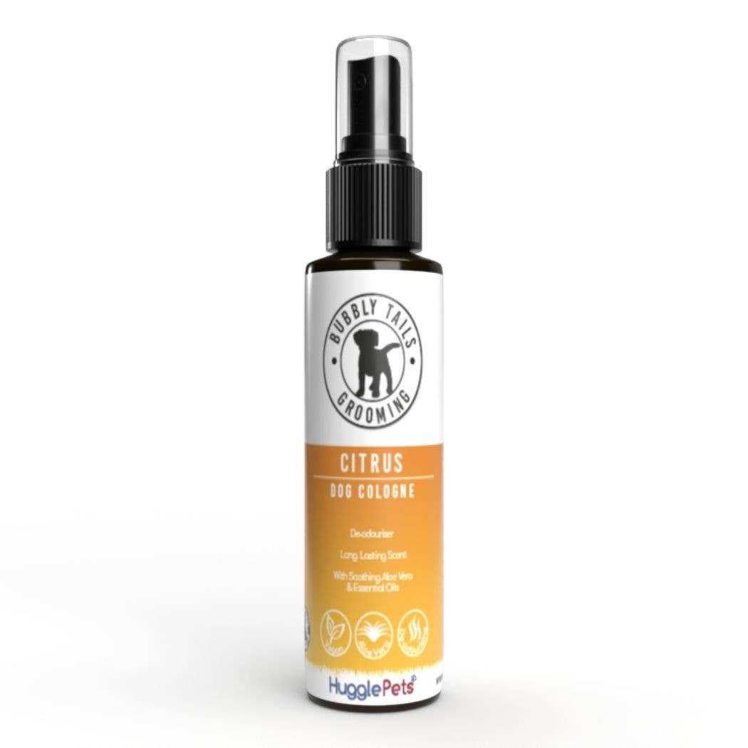 HugglePets Bubbly Tails Dog Cologne Citrus scent safe odor-eliminating spray with aloe vera for fresh-smelling dogs