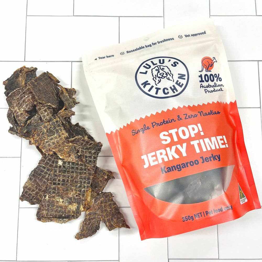 Lulu's Kitchen Kangaroo Jerky Time treat package with strips of lean jerky.